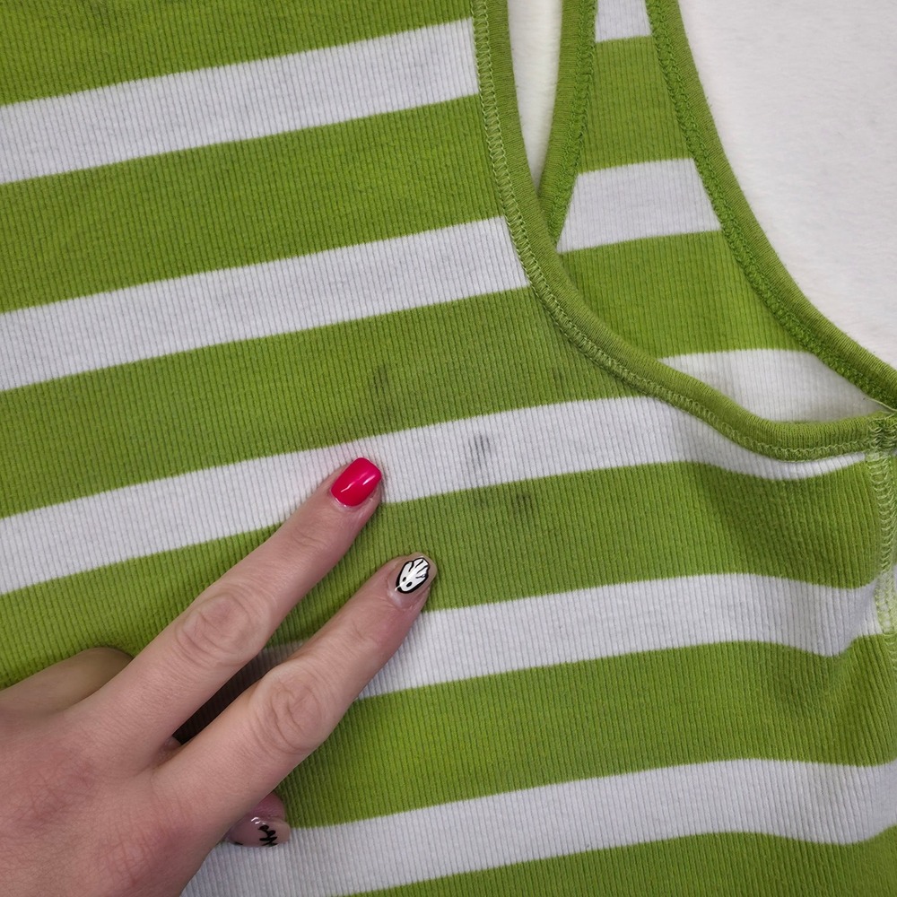 Y2K Hollister Tank Top Women L Green White Striped Knit Ribbed Racerback Stretch - Picture 4 of 14